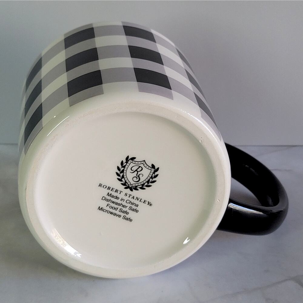 ROBERT STANLEY Black & White Buffalo Plaid Large Ceramic Coffee Mug Farmhouse - Picture 8 of 11